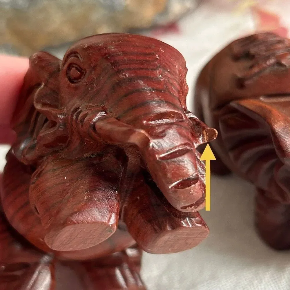 Set of 2 Small Protective Carved Wooden Elephants Long Life and Abundance